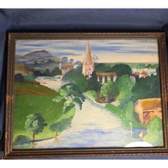 Vintage Mid Century Landscape Oil Painting with Wooden Frame